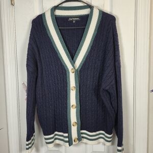En Saison Preppy Cable Knit Button V-neck Navy White Green Cardigan Size M
